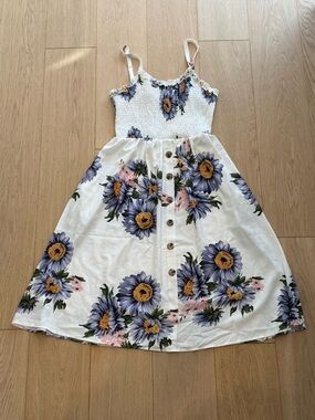 Floral Smocked Midi Dress XL Blue Daisy Cottagecore Summer Button Front NWT